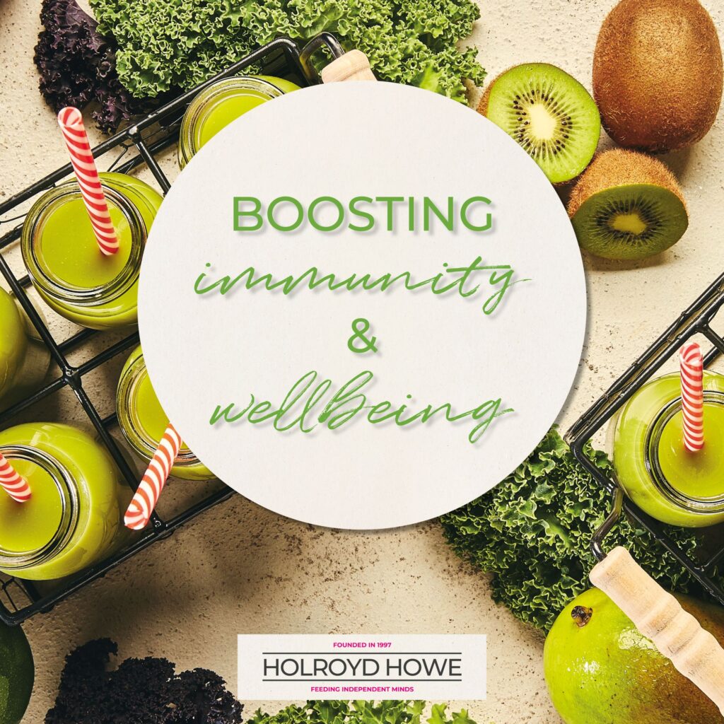 Immunity. A kiwi background with a circle on with the text "Boosting immunity and wellbeing" on.